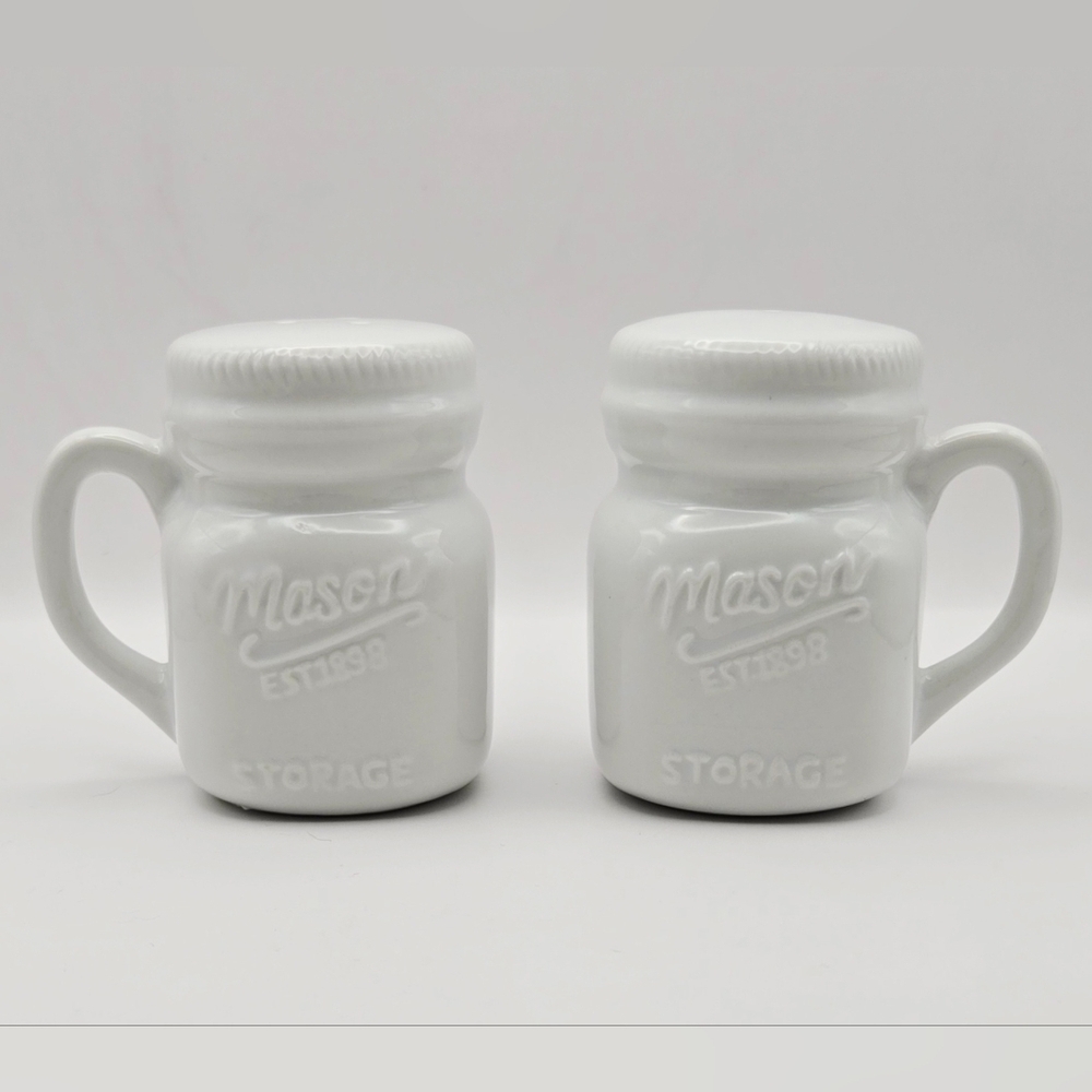 Mason Jar Salt Pepper Shakers White Ceramic Farmhouse Kitchen Set